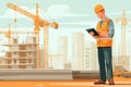 Illustration of a construction worker using a tablet for project management on site. Generative AI. Royalty Free Stock Photo