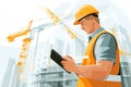 Illustration of a construction worker using a tablet for project management on site. Generative AI. Royalty Free Stock Photo