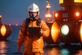 Illustration of oil platform worker wearing safety helm and vest