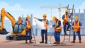 Construction Workers Teamwork Building Site, Engineers, Excavator Royalty Free Stock Photo