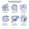 Illustration containing six cartoon-style graphics representing an online job Royalty Free Stock Photo