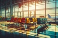 Illustration of contemporary waiting area in airport. Waiting hall with multiple rows of seats and reflections indoors