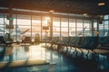 Illustration of contemporary waiting area in airport. Waiting hall with multiple rows of seats and reflections indoors