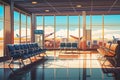 Illustration of contemporary waiting area in airport. Waiting hall with multiple rows of seats and reflections indoors