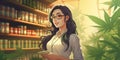 Illustration of A content female pharmacist stands amidst modern shelving in a pharmacy, holding a sheet of hemp in