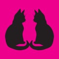 Illustration of contour drawing of isolated black silhouettes of two cats, artistic drawing of a pair of sitting cats on a bright