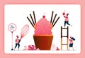 Illustration of cook halal sweet strawberry cupcakes. Pink sugar icing with chocolate cake sticks and candy. Design can use for