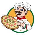 Illustration, cook pizzeria with a pizza in his hand