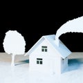 Illustration of cool detailed house with tree and smoke on marble. 3d render