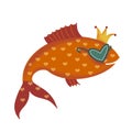 Illustration of a cool goldfish. Cute tropical fish in sunglasses and crown. Childrens illustration, cartoon