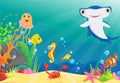 Illustration of coral reef with a funny fish and hammerhead shark