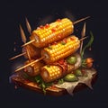 Illustration, corn cobs impaled on toothpicks, seasoned, on wooden kitchen board, uniform dark background. Corn as a dish of