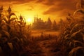 Illustration of a corn field at sunset with the silhouette of the temple, Recreation artistic of maizefield with maize plants at Royalty Free Stock Photo