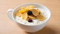 An illustration of cornflakes in a ceramic cup with milk and raisins.