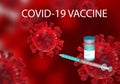 Illustration of coronavirus vaccine and syringe with needle. on 3D rendering coronavirus background