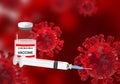 Illustration of coronavirus vaccine and syringe with needle. on 3D rendering coronavirus background