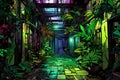 Illustration of a corridor with a lot of plants and neon lights Royalty Free Stock Photo