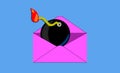 Danger. Poster of corrupt mail with a bomb inside an envelope. Email cyber attacks. Hacking tools.