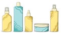 Illustration of cosmetics: bottles, shampoos, gels and creams for care. The concept of natural cosmetics for hair care