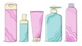 Illustration of cosmetics: bottles, shampoos, gels and creams for care. The concept of natural cosmetics for hair care