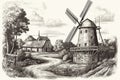 illustration, country landscape with trees, rustic houses, animals, birds and windmill, ai generative