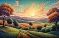 Illustration of countryside landscape in pointillism style