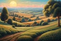 Illustration of countryside landscape in pointillism style