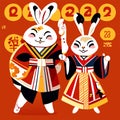 Illustration of a couple of bunnies wearing a traditional costume AI generated