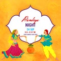 Illustration of couple in dancing pose on abstract floral, yellow background for Dandiya Night event celebration. Poster or flyer Royalty Free Stock Photo