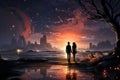 Illustration of a couple deeply in love, standing on a sandy beach, embracing each other under a starry night sky. Generative Ai