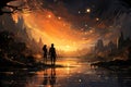 Illustration of a couple deeply in love, standing on a sandy beach, embracing each other under a starry night sky. Generative Ai