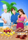 illustration of a couple going to eat relaxing on beach vacation