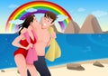 Illustration of a couple going to swim in ocean on beach vacation Royalty Free Stock Photo