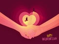 Illustration of Couple Hands Holding Together with Fireflies on Heart Shape Magenta Background for Happy Valentine\'