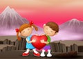 A couple kid holding a heart on the cliff