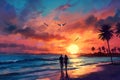 Illustration with couple in love walking on the beach in a beautiful romantic sunset or sunrise Royalty Free Stock Photo