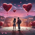 Illustration of a couple in love woman and man holding hands around heart-shaped balloons, confettientine\'s Day party. Heart Royalty Free Stock Photo