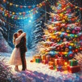 illustration of a couple of lovers, cristmas tree in the winter forest for the card Royalty Free Stock Photo