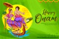 couple performing Bharatanatyam dance on background for Happy Onam festival of South India Kerala