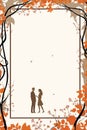 an illustration of a couple standing in front of an autumnal frame
