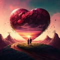 Illustration of a couple standing at the top of a mountain in front of a large abstract cracked heart. Heart as a symb Royalty Free Stock Photo