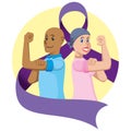 Illustration couple in support of cancer prevention. purple bow World Cancer Day. ideal for educational