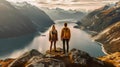 Illustration of a couple of travelers on top of a mountain enjoying valley view travel holidays freedom concept.