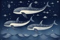 Illustration of a couple of whales in the sea with moon and stars