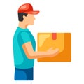 Illustration of courier with box in his hands. Delivery of goods by order in store.