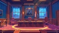 Illustration of a courtroom. Trial justice room illustration with table and chair for witness, lawyer, prosecutor, and Royalty Free Stock Photo