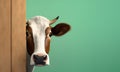 Illustration of a cow looking out from behind a wooden fence on a green background 1 Royalty Free Stock Photo