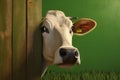 Illustration of a cow looking out from behind a wooden fence on a green background Royalty Free Stock Photo
