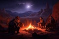 Illustration of a cowboy sitting by the campfire with his friends, AI Generated