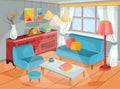 illustration of a cozy cartoon interior of a home room, a living room